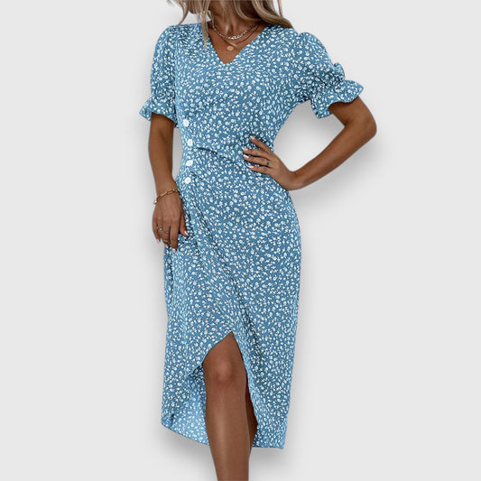 Effortless Blue Floral Midi Dress for Women with V Neck Short Sleeve Wrap Ruffle Casual Style