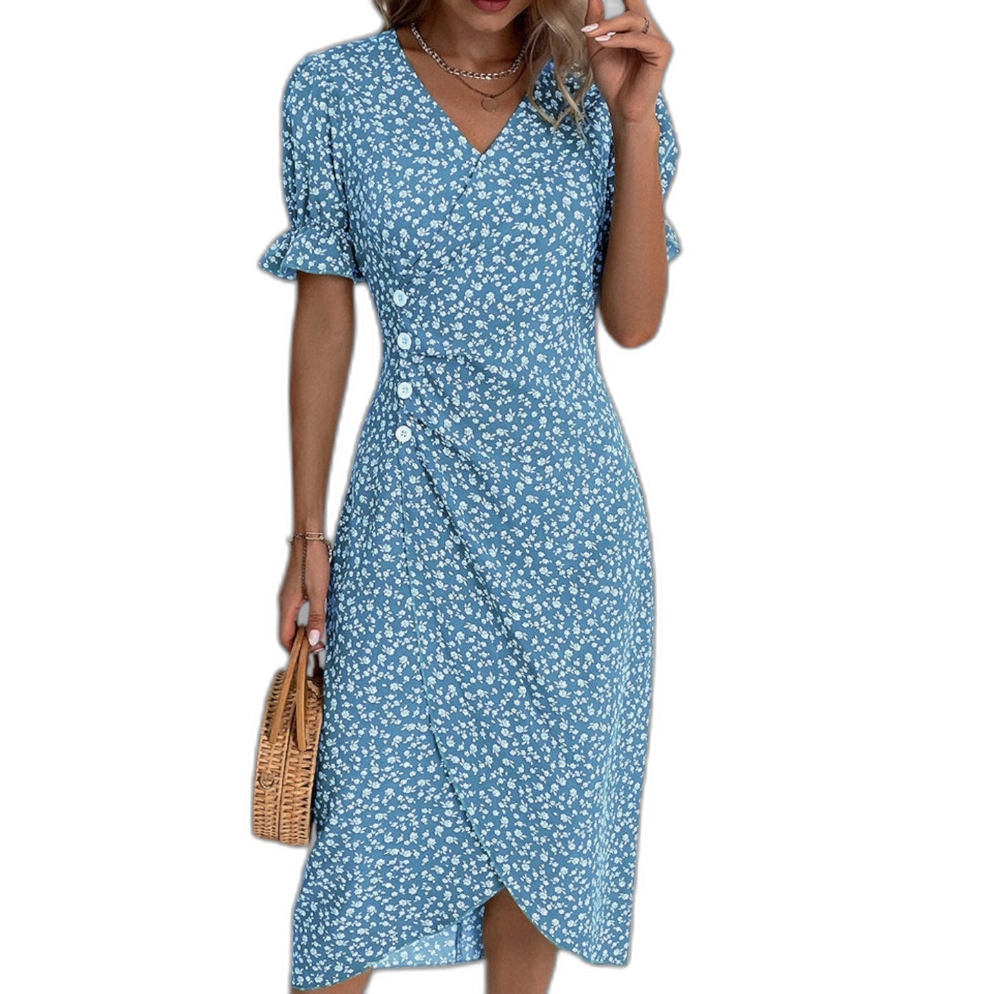 Effortless Blue Floral Midi Dress for Women with V Neck Short Sleeve Wrap Ruffle Casual Style