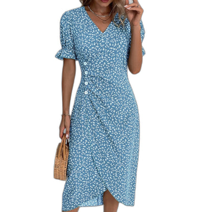 Effortless Blue Floral Midi Dress for Women with V Neck Short Sleeve Wrap Ruffle Casual Style