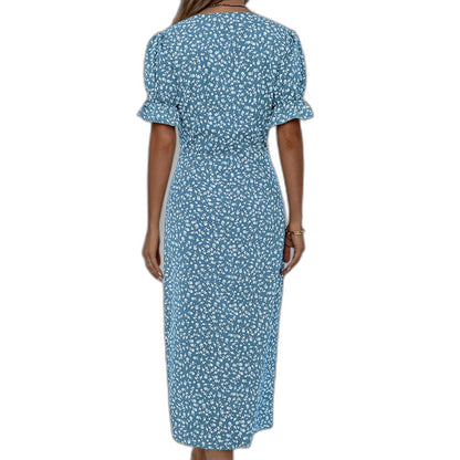 Effortless Blue Floral Midi Dress for Women with V Neck Short Sleeve Wrap Ruffle Casual Style