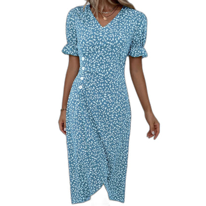 Effortless Blue Floral Midi Dress for Women with V Neck Short Sleeve Wrap Ruffle Casual Style