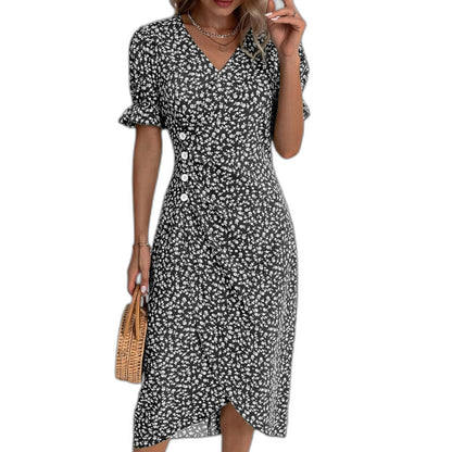 Effortless Blue Floral Midi Dress for Women with V Neck Short Sleeve Wrap Ruffle Casual Style