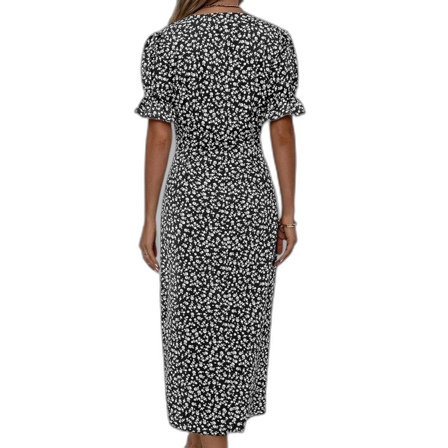 Effortless Blue Floral Midi Dress for Women with V Neck Short Sleeve Wrap Ruffle Casual Style