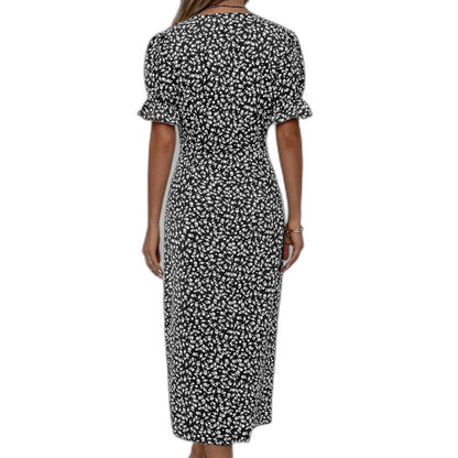 Effortless Blue Floral Midi Dress for Women with V Neck Short Sleeve Wrap Ruffle Casual Style