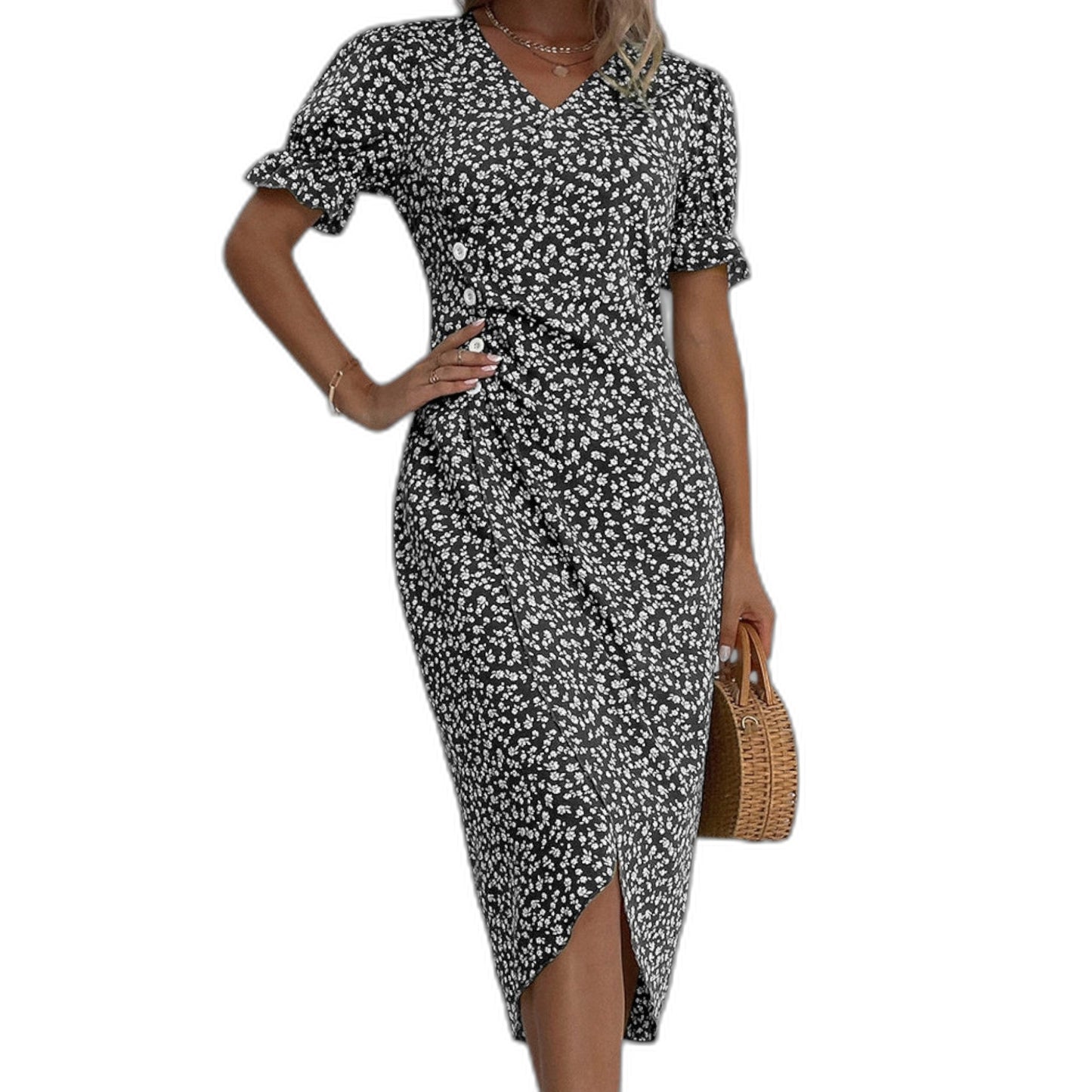 Effortless Blue Floral Midi Dress for Women with V Neck Short Sleeve Wrap Ruffle Casual Style