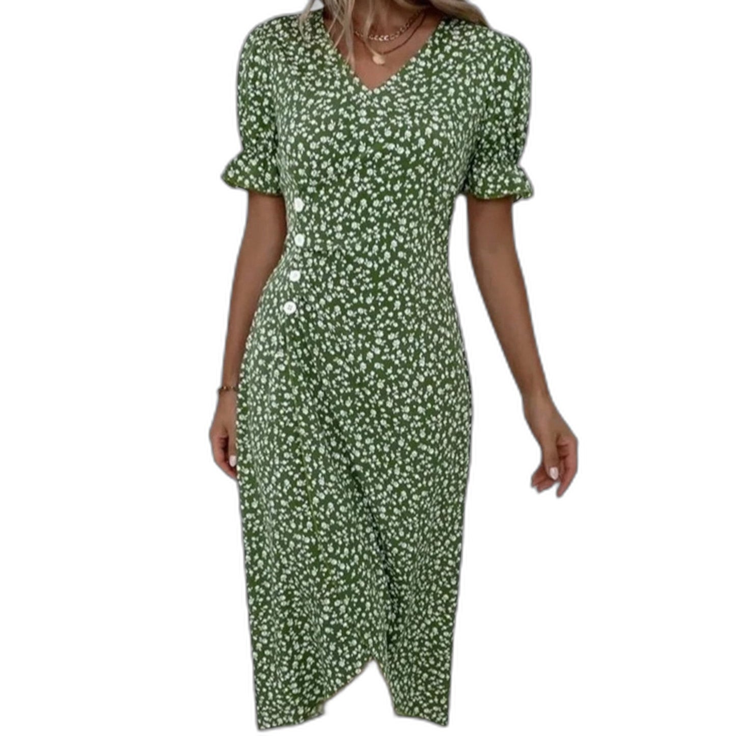 Effortless Blue Floral Midi Dress for Women with V Neck Short Sleeve Wrap Ruffle Casual Style