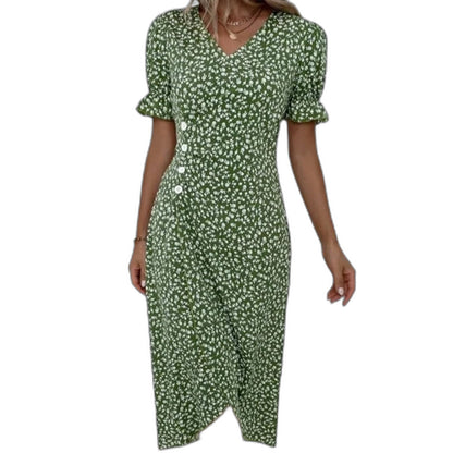 Effortless Blue Floral Midi Dress for Women with V Neck Short Sleeve Wrap Ruffle Casual Style