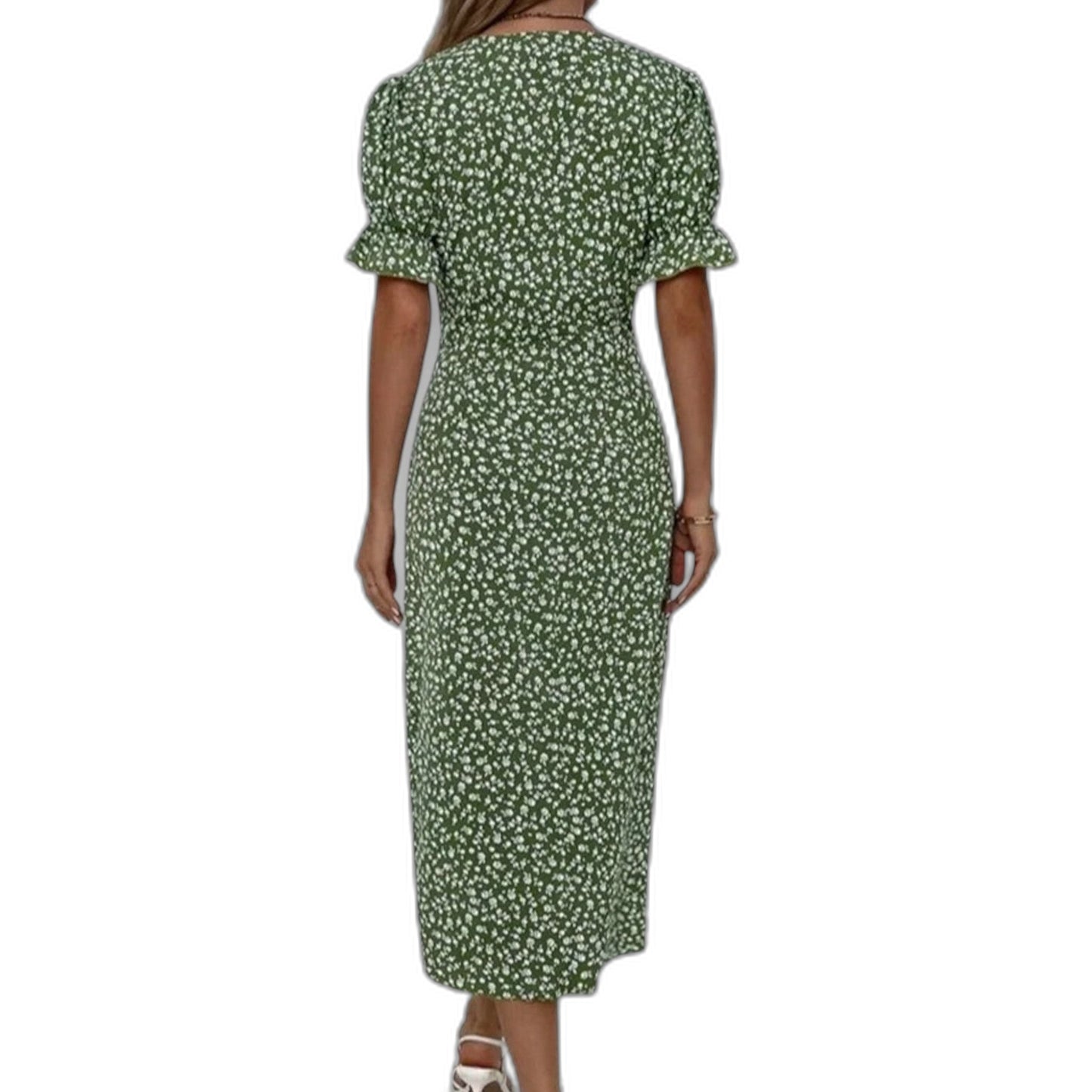 Effortless Blue Floral Midi Dress for Women with V Neck Short Sleeve Wrap Ruffle Casual Style