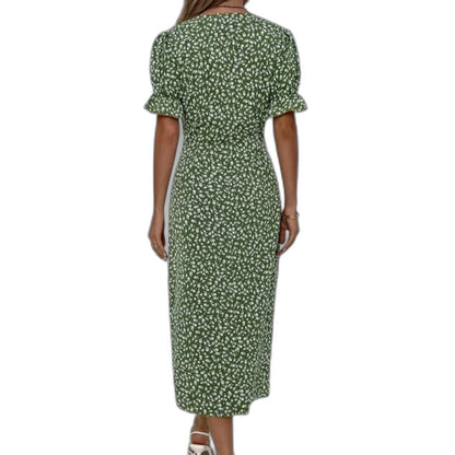 Effortless Blue Floral Midi Dress for Women with V Neck Short Sleeve Wrap Ruffle Casual Style