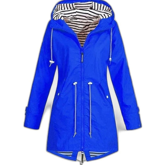 Effortless Blue Jacket for Women with Collared Long Sleeve Pockets Hooded Casual Style