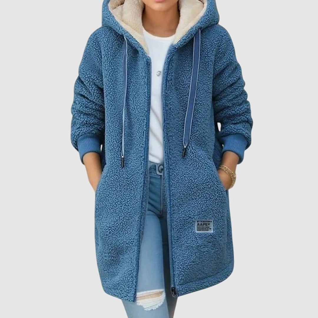 Effortless Blue Jacket for Women with Collared Long Sleeve Pockets Hooded Casual Style