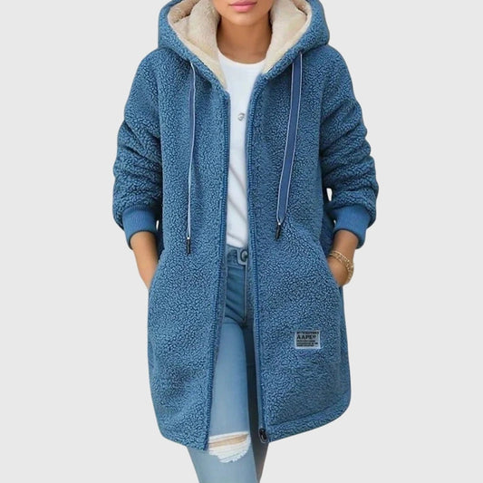 Effortless Blue Jacket for Women with Collared Long Sleeve Pockets Hooded Casual Style