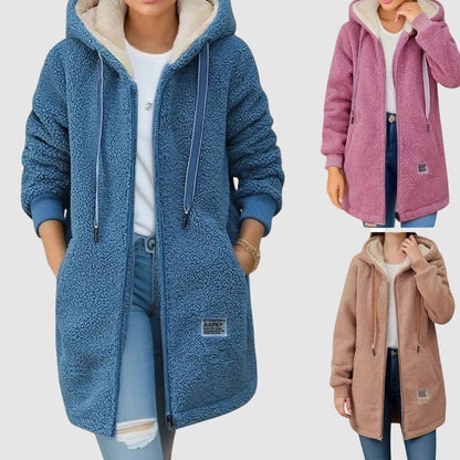 Effortless Blue Jacket for Women with Collared Long Sleeve Pockets Hooded Casual Style