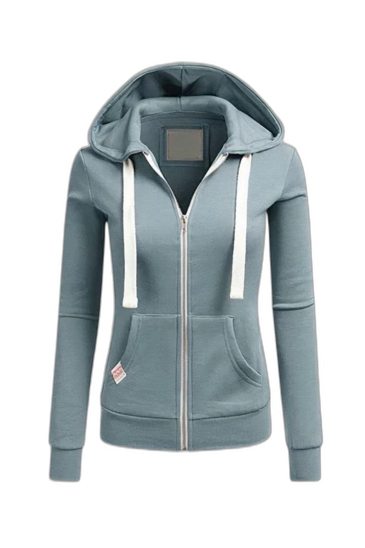Effortless Blue Jacket for Women with High Neck Long Sleeve Drawstring Zip Up Pockets Casual Style