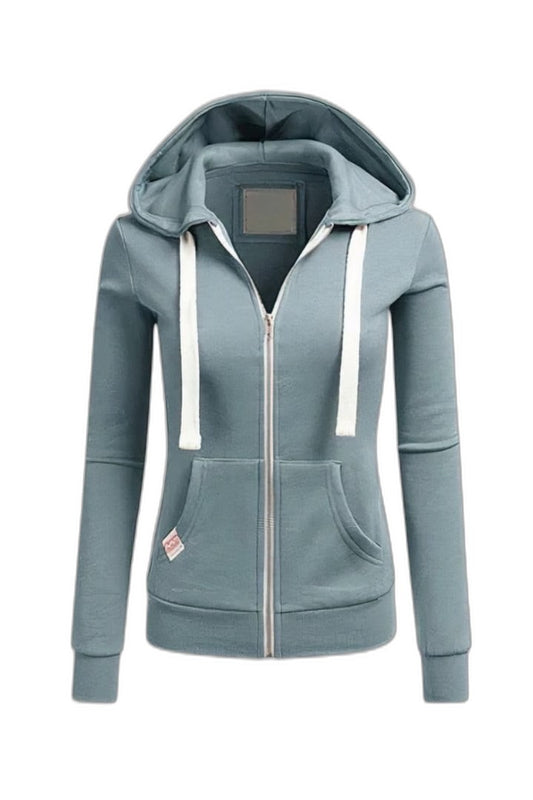 Effortless Blue Jacket for Women with High Neck Long Sleeve Drawstring Zip Up Pockets Casual Style