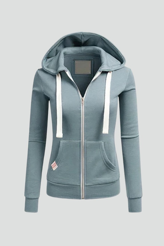 Effortless Blue Jacket for Women with High Neck Long Sleeve Drawstring Zip Up Pockets Casual Style