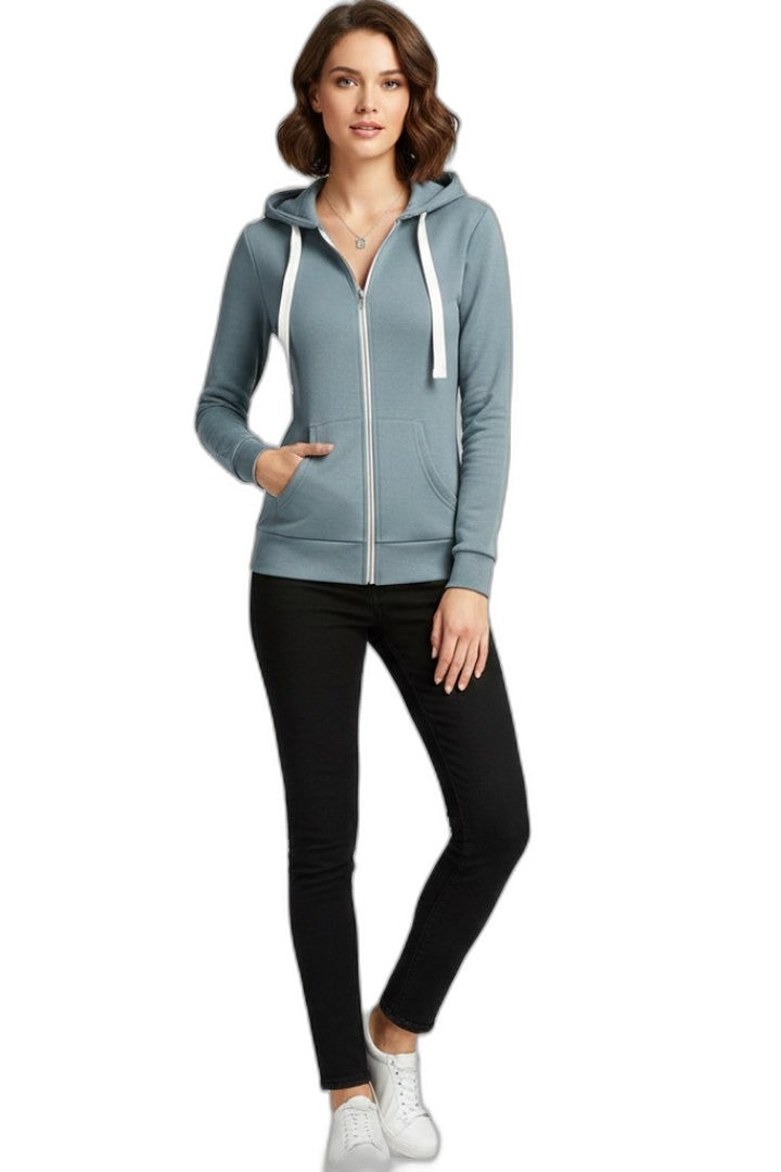 Effortless Blue Jacket for Women with High Neck Long Sleeve Drawstring Zip Up Pockets Casual Style