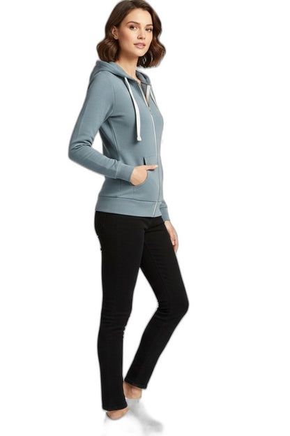 Effortless Blue Jacket for Women with High Neck Long Sleeve Drawstring Zip Up Pockets Casual Style