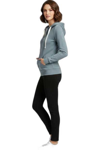 Effortless Blue Jacket for Women with High Neck Long Sleeve Drawstring Zip Up Pockets Casual Style