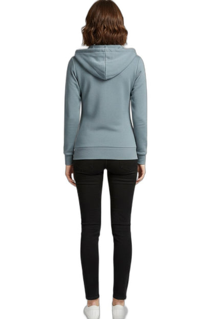 Effortless Blue Jacket for Women with High Neck Long Sleeve Drawstring Zip Up Pockets Casual Style