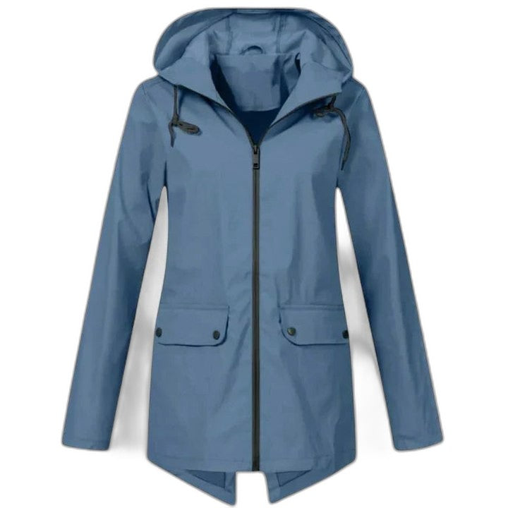 Effortless Blue Jacket for Women with High Neck Long Sleeve Pockets Casual Style