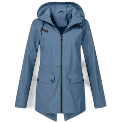 Effortless Blue Jacket for Women with High Neck Long Sleeve Pockets Casual Style