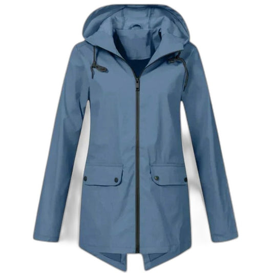 Effortless Blue Jacket for Women with High Neck Long Sleeve Pockets Casual Style