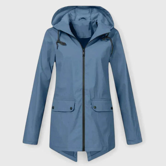 Effortless Blue Jacket for Women with High Neck Long Sleeve Pockets Casual Style