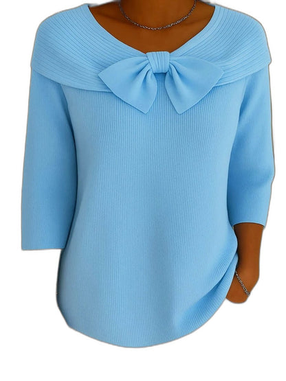 Effortless Blue Knit Blouse for Women with Boat Neck Elbow Sleeve Casual Style