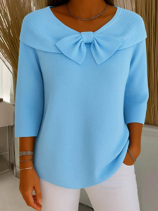 Effortless Blue Knit Blouse for Women with Boat Neck Elbow Sleeve Casual Style