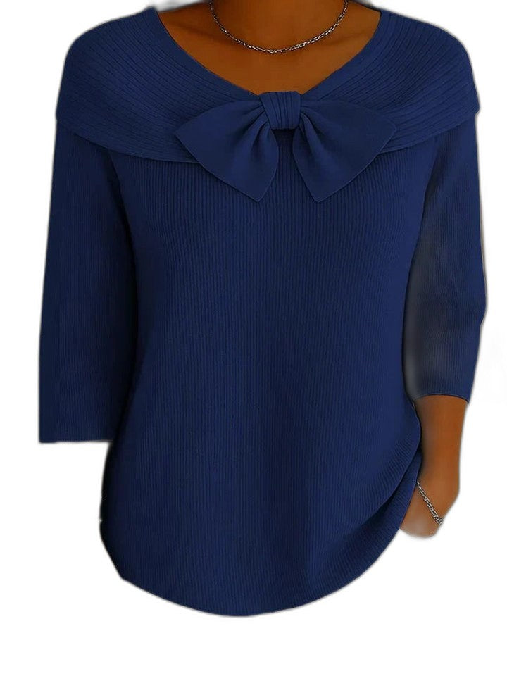 Effortless Blue Knit Blouse for Women with Boat Neck Elbow Sleeve Casual Style
