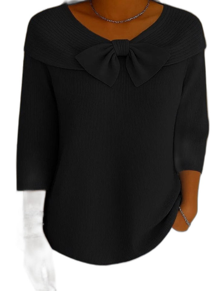 Effortless Blue Knit Blouse for Women with Boat Neck Elbow Sleeve Casual Style