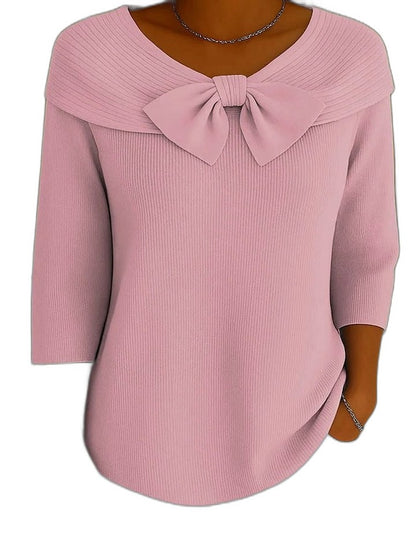 Effortless Blue Knit Blouse for Women with Boat Neck Long Sleeve Flowing Casual Style