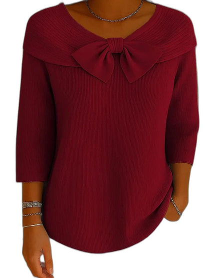 Effortless Blue Knit Blouse for Women with Boat Neck Long Sleeve Flowing Casual Style