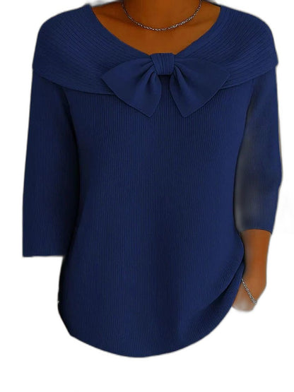 Effortless Blue Knit Blouse for Women with Boat Neck Long Sleeve Flowing Casual Style