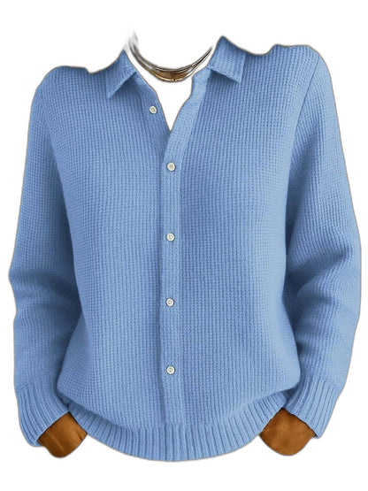 Effortless Blue Knit Cardigan Sweater for Women with Collared Long Sleeve Button Front Casual Style