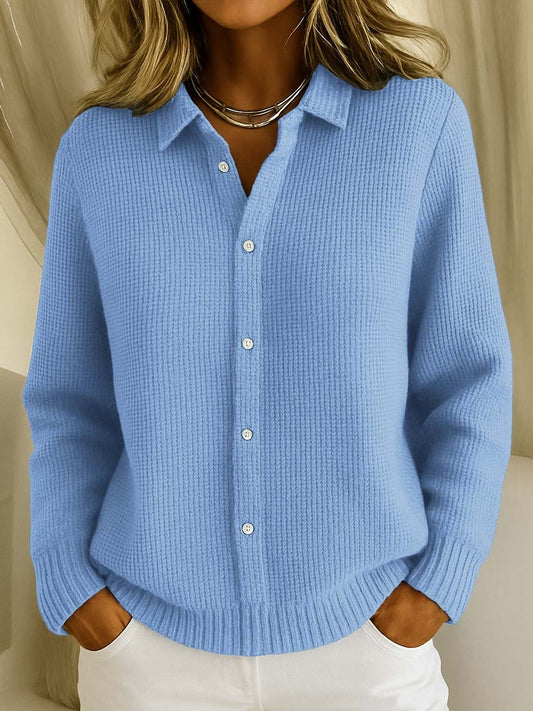Effortless Blue Knit Cardigan Sweater for Women with Collared Long Sleeve Button Front Casual Style