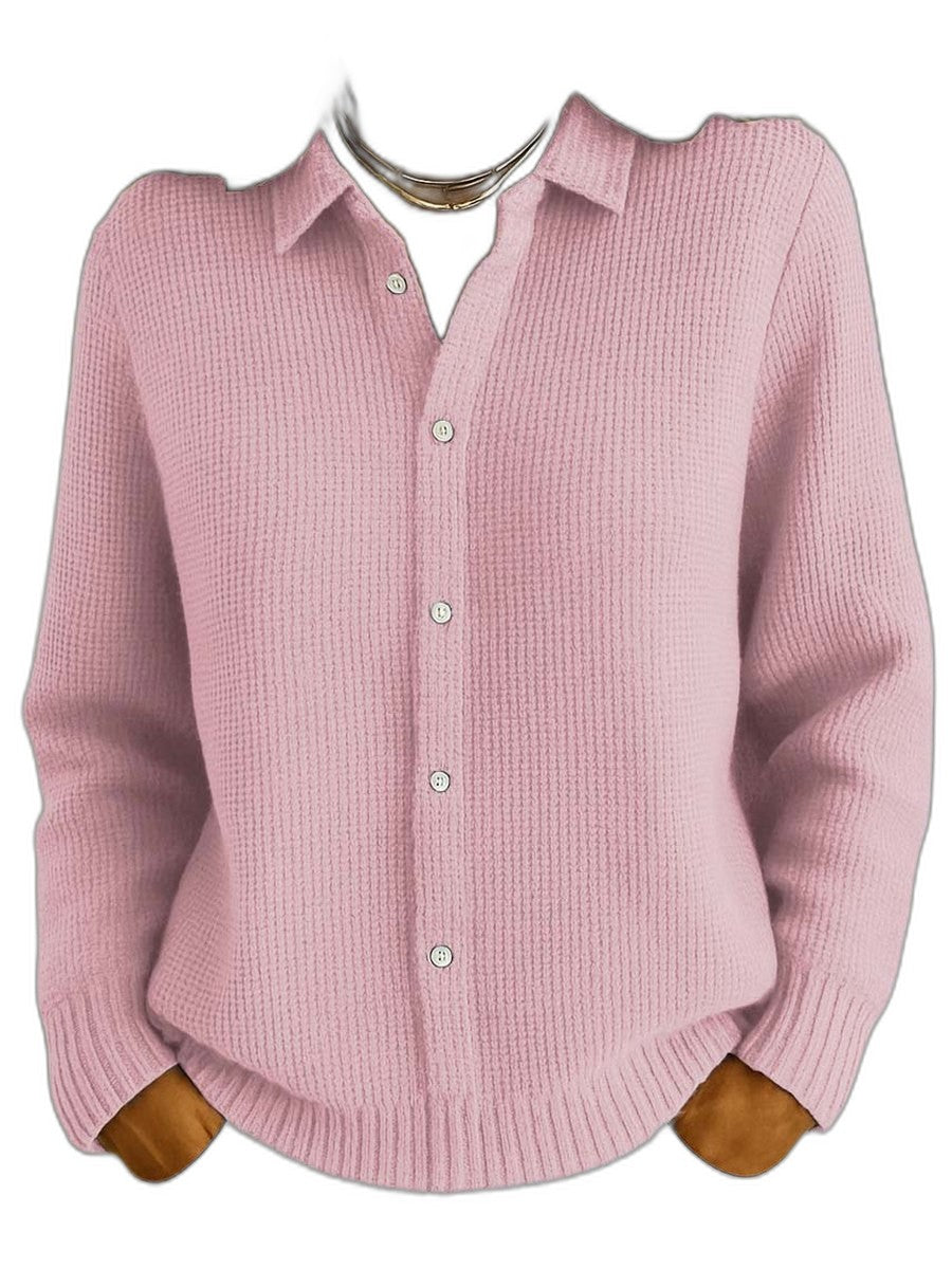 Effortless Blue Knit Cardigan Sweater for Women with Collared Long Sleeve Button Front Casual Style