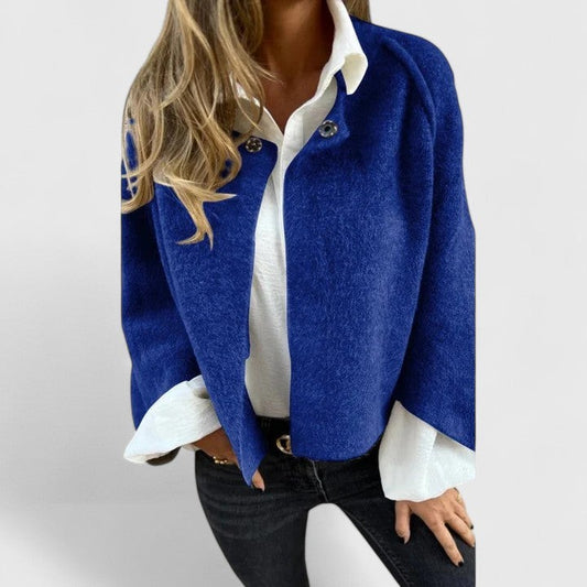 Effortless Blue Knit Jacket for Women with Collared Long Sleeve Cropped Casual Style