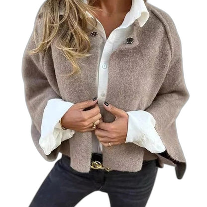 Effortless Blue Knit Jacket for Women with Collared Long Sleeve Cropped Casual Style