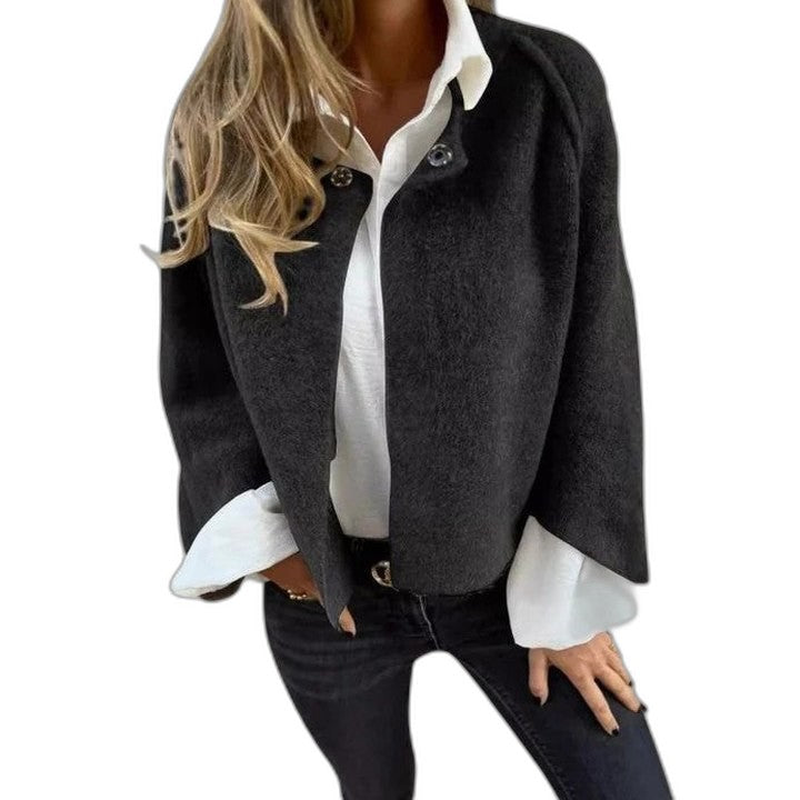 Effortless Blue Knit Jacket for Women with Collared Long Sleeve Cropped Casual Style