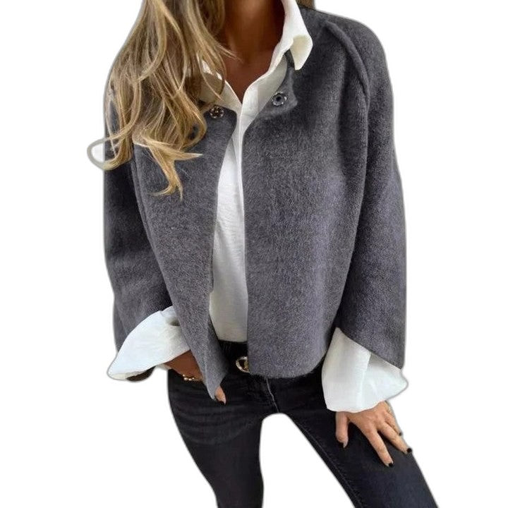 Effortless Blue Knit Jacket for Women with Collared Long Sleeve Cropped Casual Style