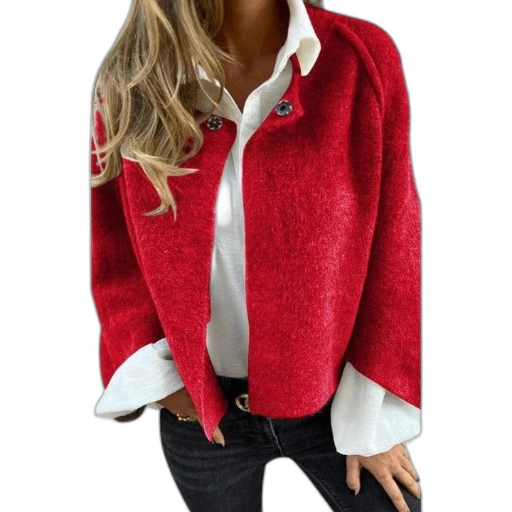 Effortless Blue Knit Jacket for Women with Collared Long Sleeve Cropped Casual Style