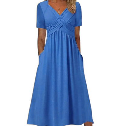 Effortless Blue Knit Midi Dress for Women with V Neck Short Sleeve Fit And Flare Empire Waist Casual Style