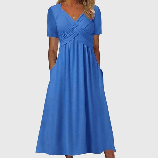 Effortless Blue Knit Midi Dress for Women with V Neck Short Sleeve Fit And Flare Empire Waist Casual Style