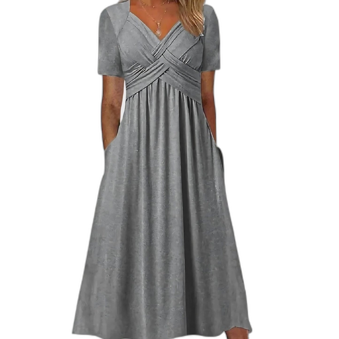 Effortless Blue Knit Midi Dress for Women with V Neck Short Sleeve Fit And Flare Empire Waist Casual Style
