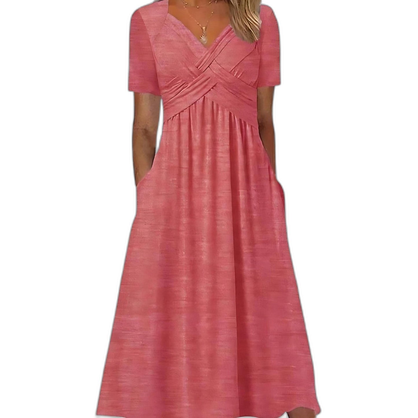 Effortless Blue Knit Midi Dress for Women with V Neck Short Sleeve Fit And Flare Empire Waist Casual Style