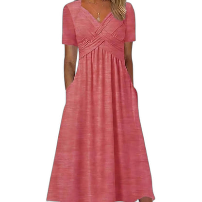 Effortless Blue Knit Midi Dress for Women with V Neck Short Sleeve Fit And Flare Empire Waist Casual Style