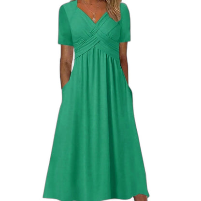 Effortless Blue Knit Midi Dress for Women with V Neck Short Sleeve Fit And Flare Empire Waist Casual Style