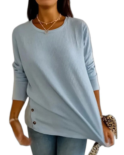 Effortless Blue Knit Sweater for Women with Crew Neck Long Sleeve Button Front Casual Style